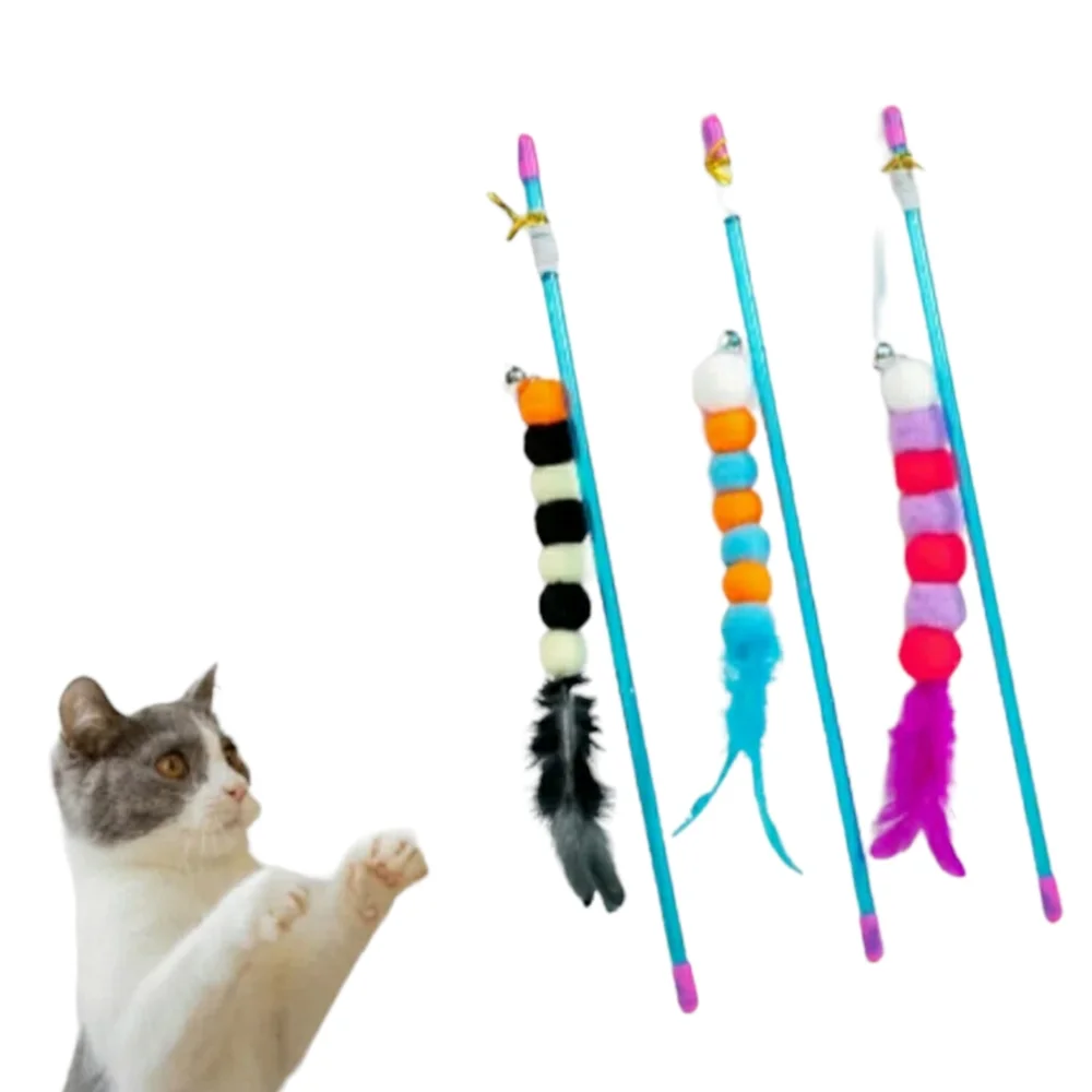 Cat Elastic Rope Pom Pom Feather Teaser Stick Cat Toy Wand